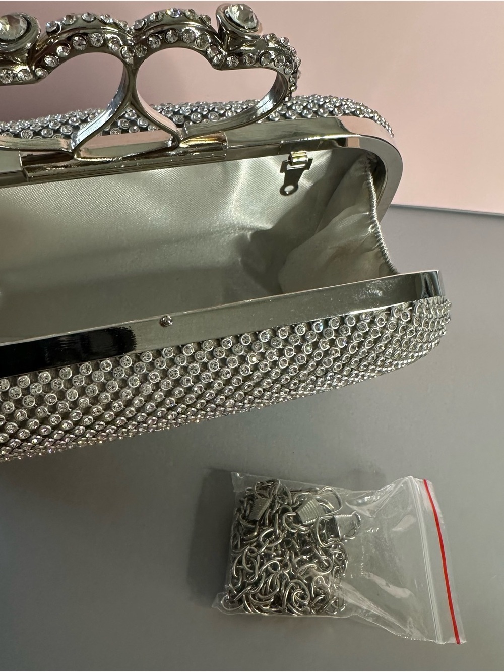 Silver Rhinestone Clutch Heart Clasp Crystal Evening Bag Wedding Prom Formal - Picture 12 of 15